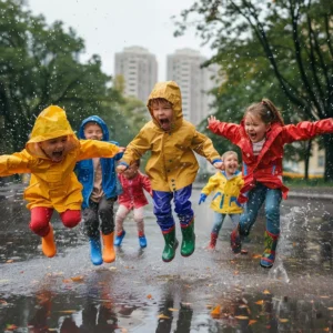Kids jumping in puddles and learning about precipitation during fun STEM activities