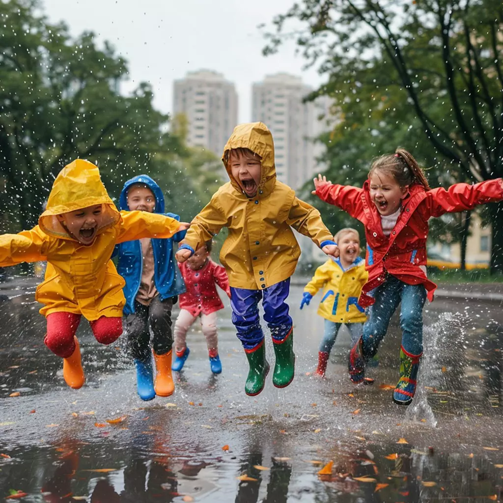 Kids jumping in puddles and learning about precipitation during fun STEM activities